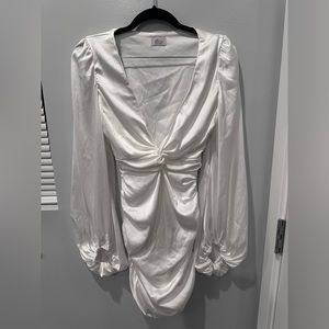 (MUST SELL BY 5/10!) Oh Polly White Silk Deep-V Plunge Dress with Puffer Sleeves